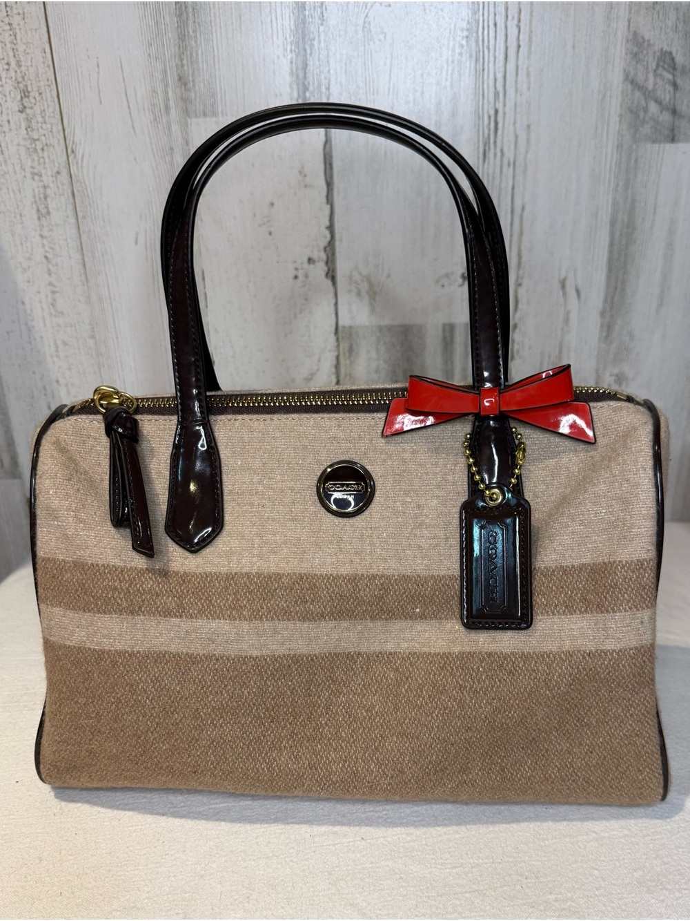 Coach Tan and Brown Striped Wool Satchel with Red Bow Charm 2013 24784